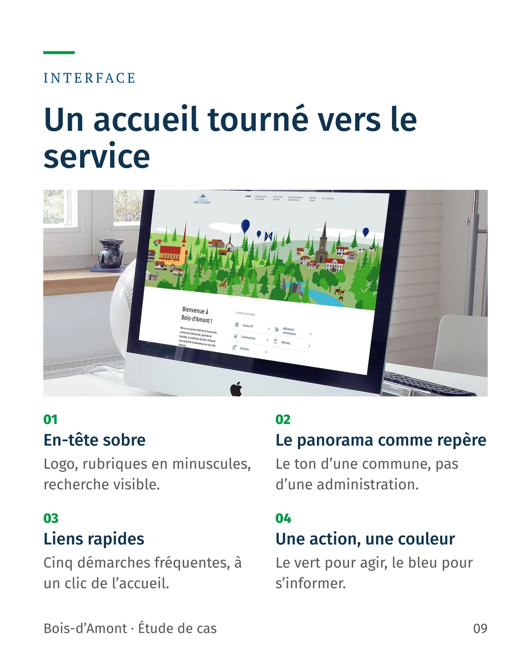 Interface de la page d’accueil sur ordinateur : en-tête sobre, panorama comme repère, liens rapides, le vert pour agir et le bleu pour s’informer.