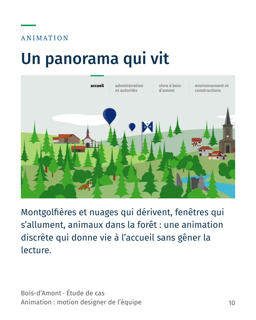 En-tête animé de la page d’accueil : montgolfières et nuages qui dérivent, fenêtres qui s’allument, animaux dans la forêt.