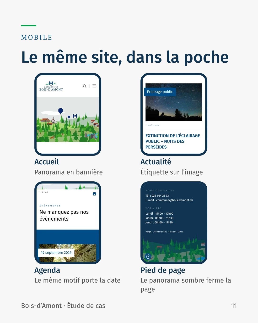 Le site sur mobile : accueil, actualité, agenda et pied de page, avec en-tête réduit, étiquettes à cheval sur les images et panorama sombre en pied de page.