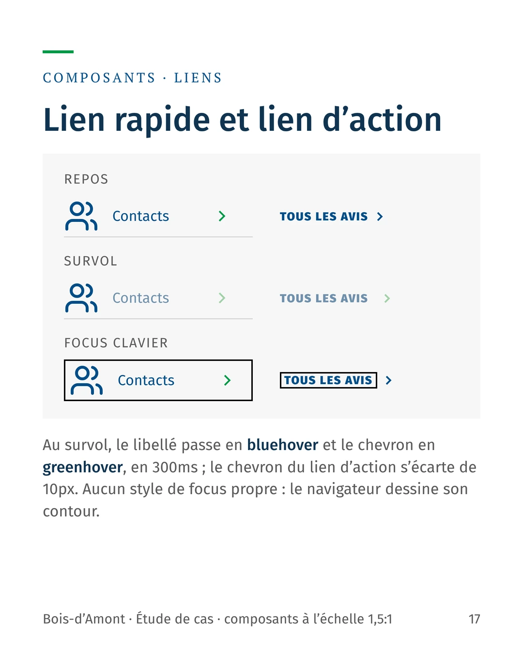 Composants lien rapide et lien d’action, états repos, survol et focus clavier.