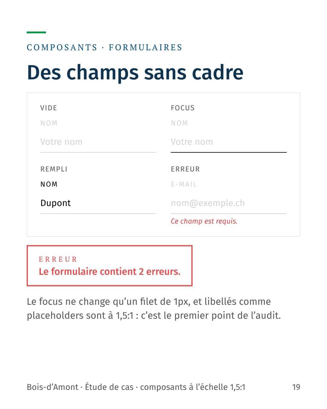 Champs de formulaire sans cadre, états vide, focus, rempli et erreur, et bloc récapitulatif d’erreurs.
