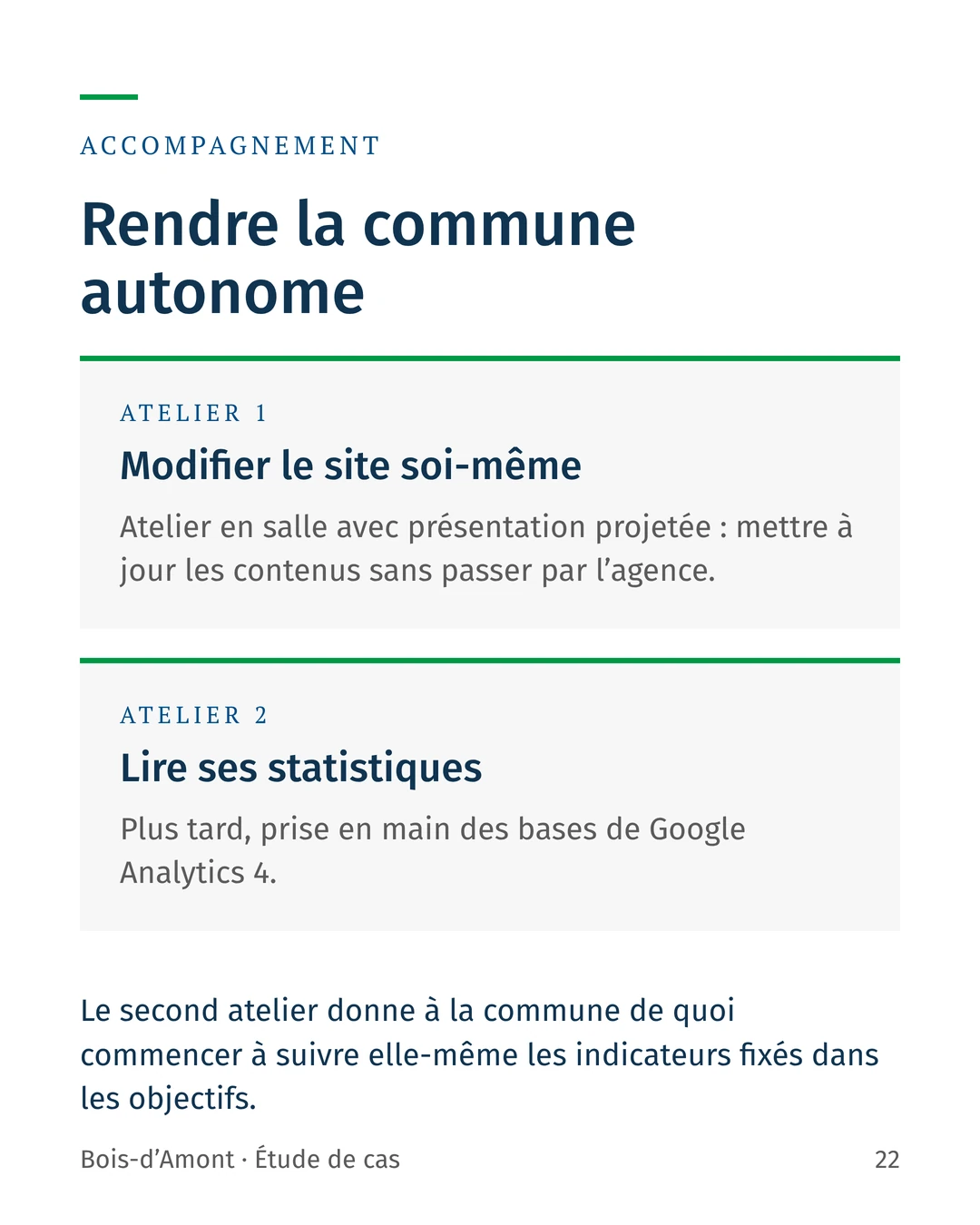 Accompagnement : un atelier pour apprendre à la commune à modifier son site, puis un atelier de prise en main de Google Analytics 4.
