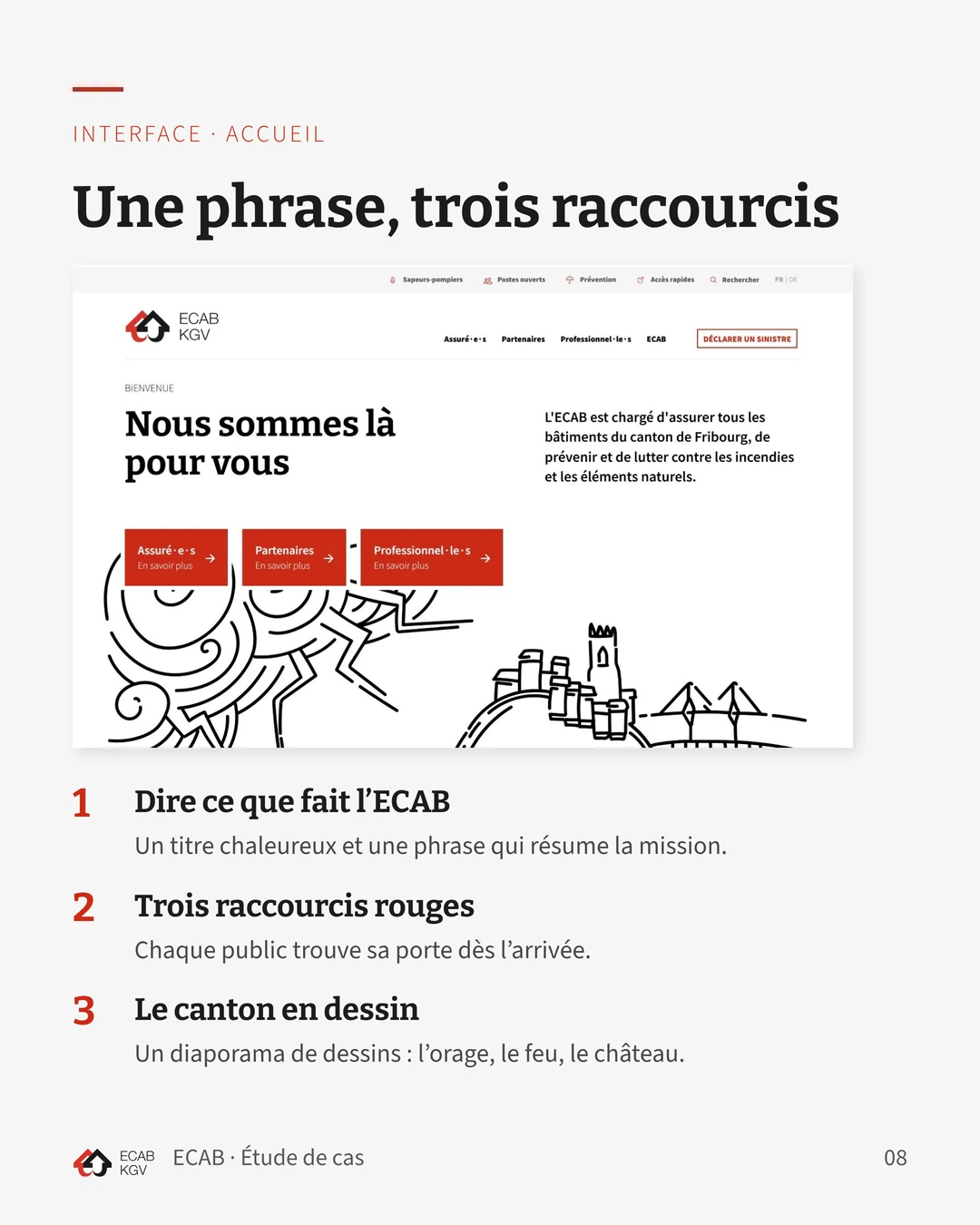 Capture de l’accueil livré : le titre « Nous sommes là pour vous », trois raccourcis rouges vers les publics et l’illustration d’un orage et d’un château.