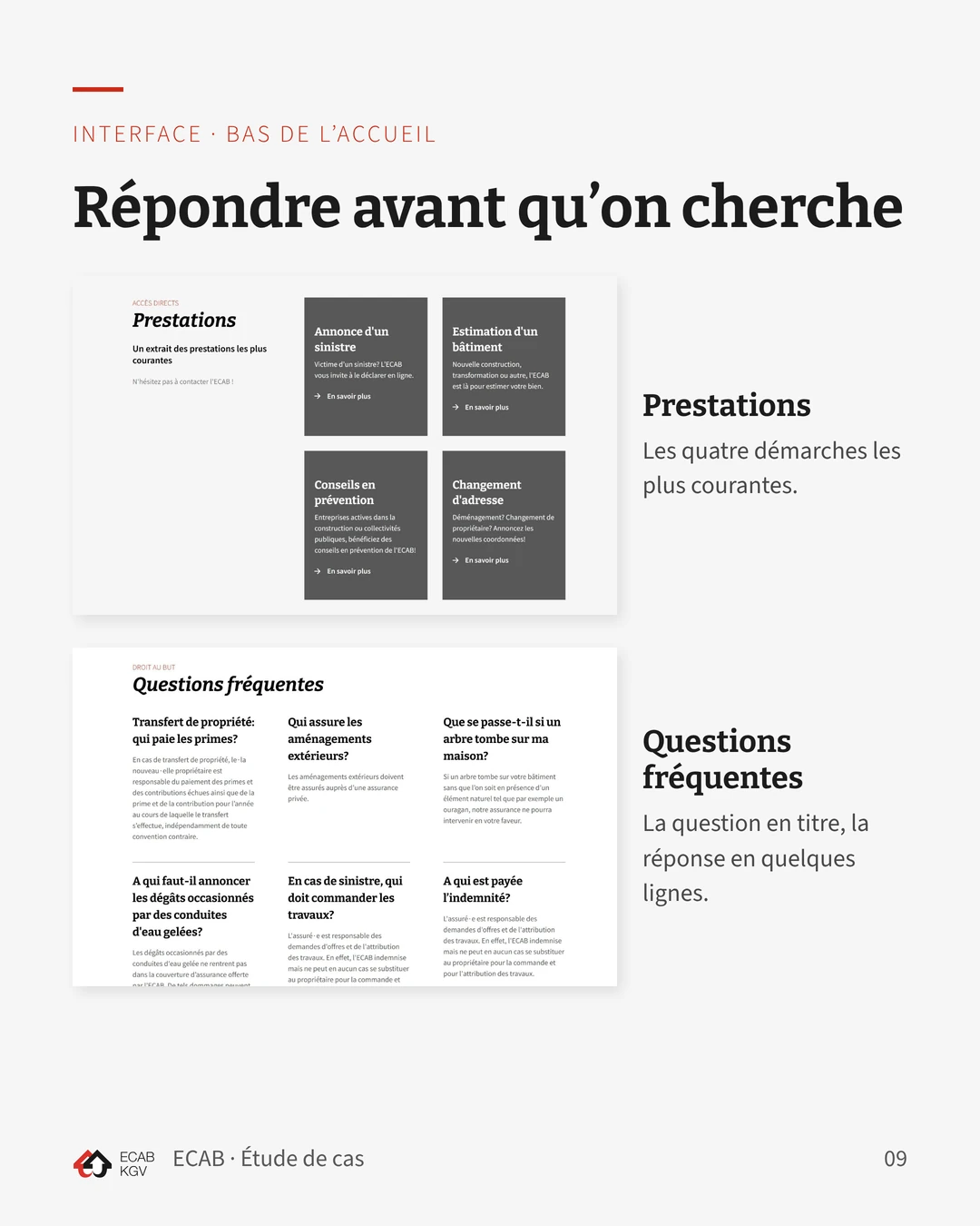 Bas de l’accueil : la section Prestations avec quatre démarches courantes, et les Questions fréquentes sur trois colonnes.
