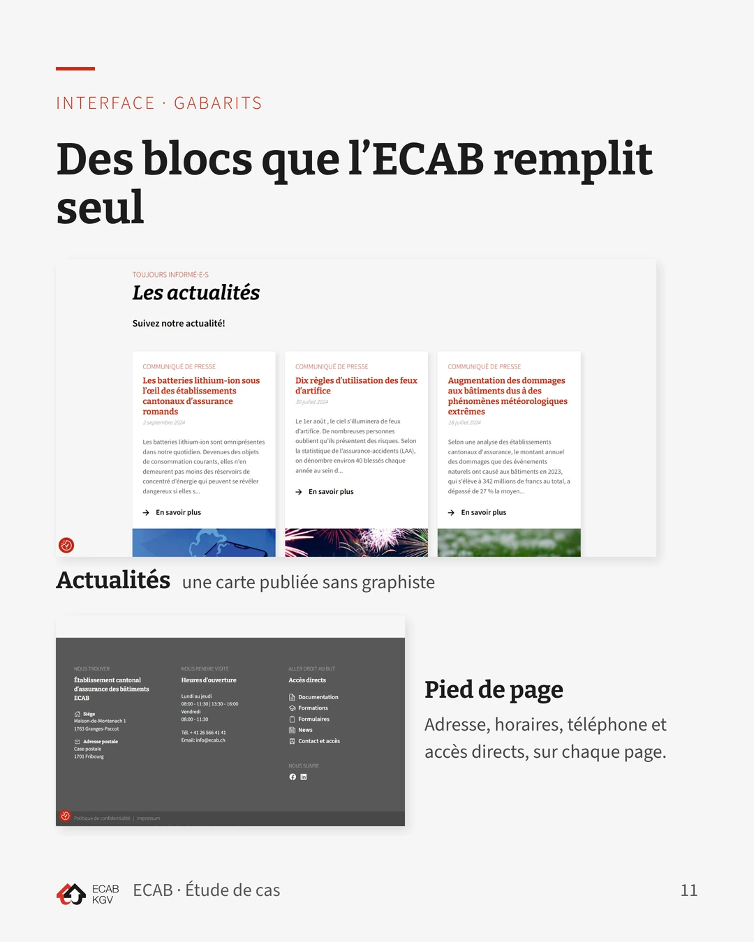 Gabarits que l’ECAB remplit seul : cartes d’actualités et pied de page avec adresse, horaires et accès directs.