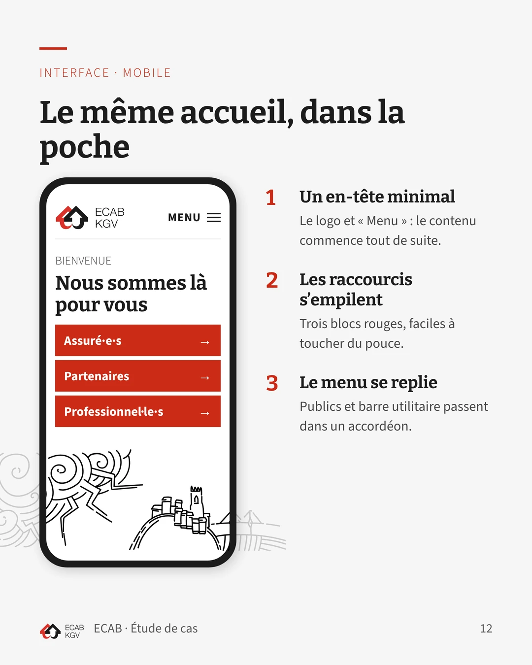 Version mobile de l’accueil : en-tête réduit au logo et au menu, trois raccourcis rouges empilés, illustration en bas de l’écran.